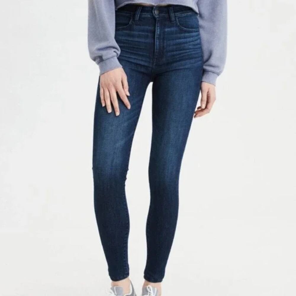 AMERICAN EAGLE Hi-Rise Jegging Super Stretch Dark Wash Distressed Jeans | 2